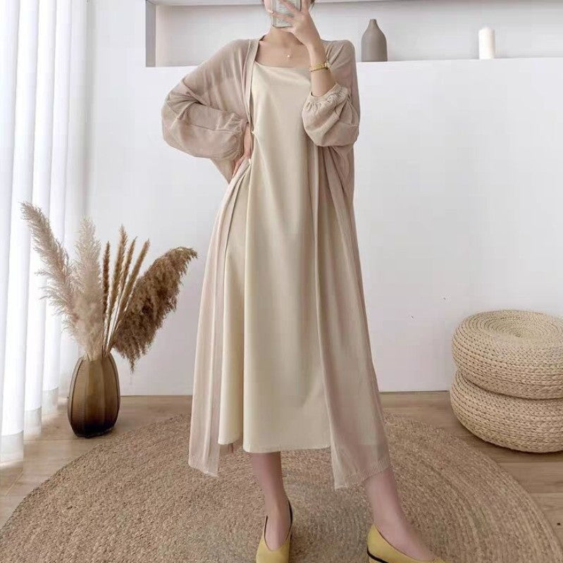 Dame maxi kjole med lett kimono overlay Skjora