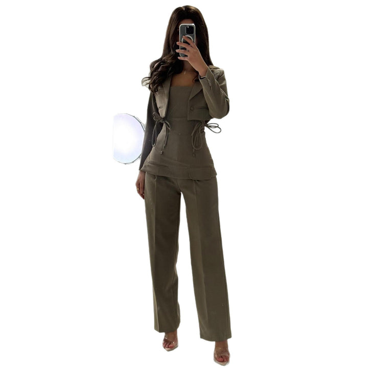 Damer Elegant To-Delt Sett med Fitted Top og Vide Bukser Stil Skjora