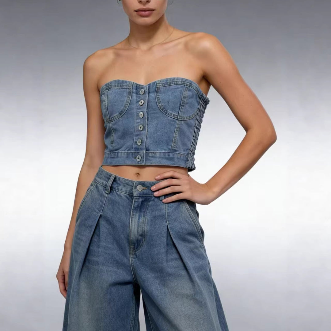 Dame Denim Bustier-top med knappedetaljer og innsnittet snitt Skjora