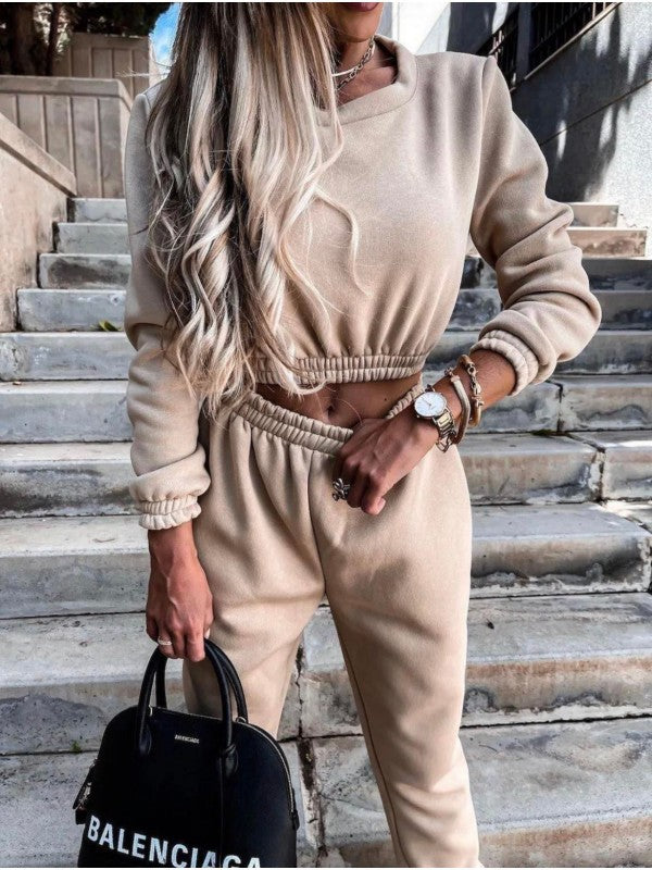 Kvinne Fashion Crop Sweatset med Elastisk Midjebånd og Løs Passform Skjora