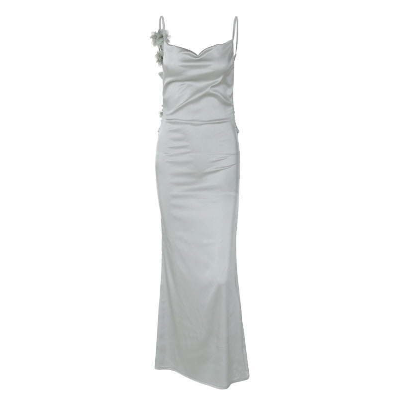 Dame Satin Maxikjole med delikate stropper og elegant drapering Skjora