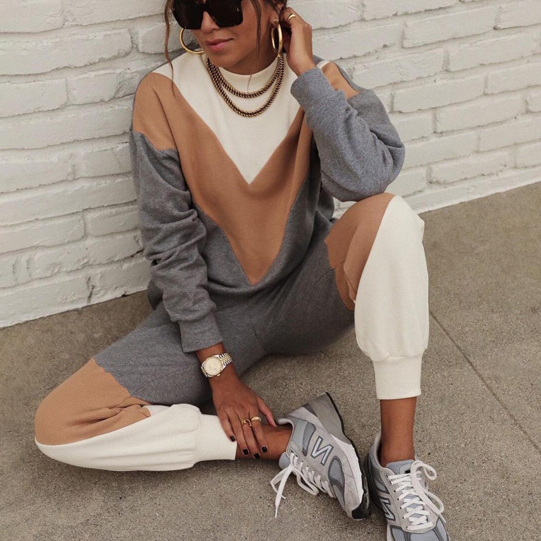 Dame sporty loungewear-set med geometrisk farge-design Skjora