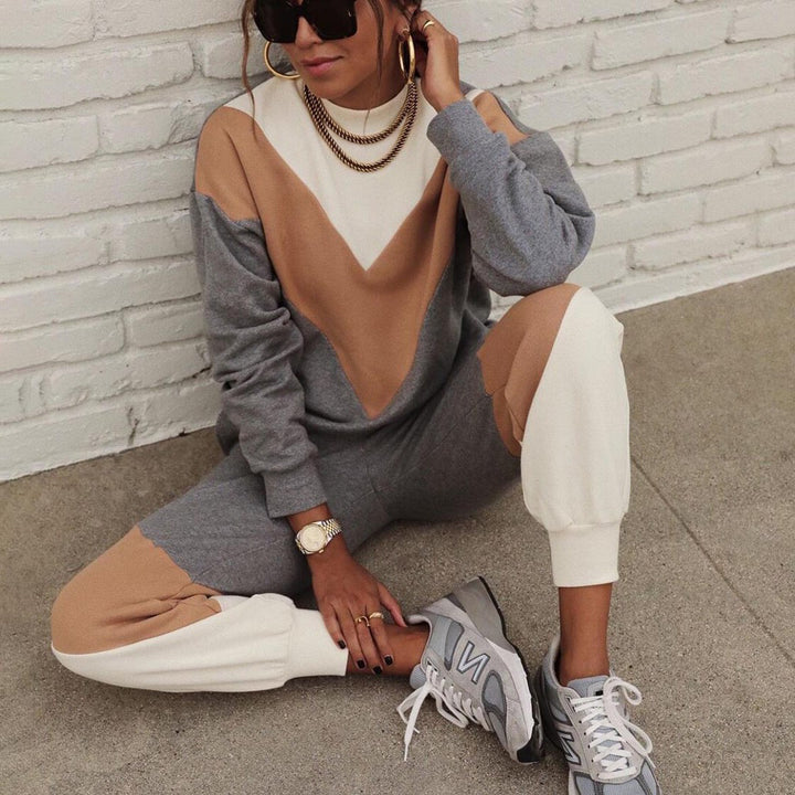 Dame sporty loungewear-set med geometrisk farge-design Skjora