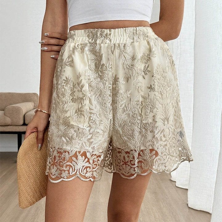 Dame Elegant Satin-Shorts med spissbroderi og elastisk liv Skjora