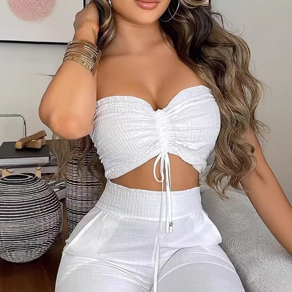 Dame To-delt Outfit laget av lett materiale med justerbar Crop-top og høy midje bukse Skjora