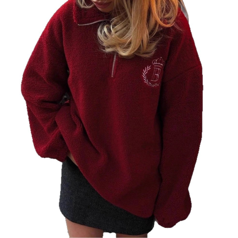 Dame oversized fleece genser med glidelås og brodert logo Skjora