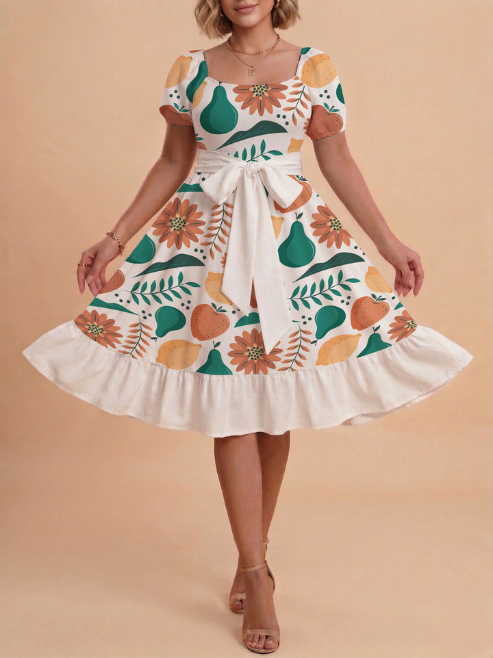 Damen Sommerliches Blumenkleid mit taillierbarem Gürtel und voluminösen Ärmeln Skjora
