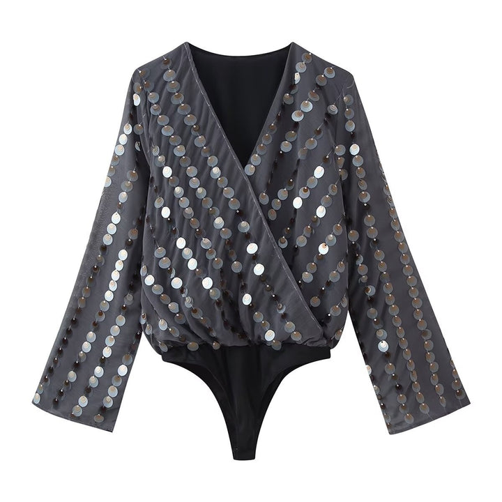 Damer Glamouroser Body med glitrende paljetter og innpakningsdesign Skjora