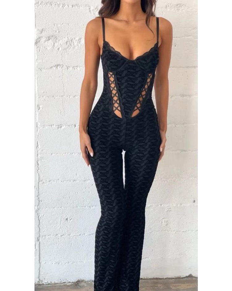 Damer Elegant Jumpsuit med raffinerte U-utskjæringer og blonderpynt Skjora
