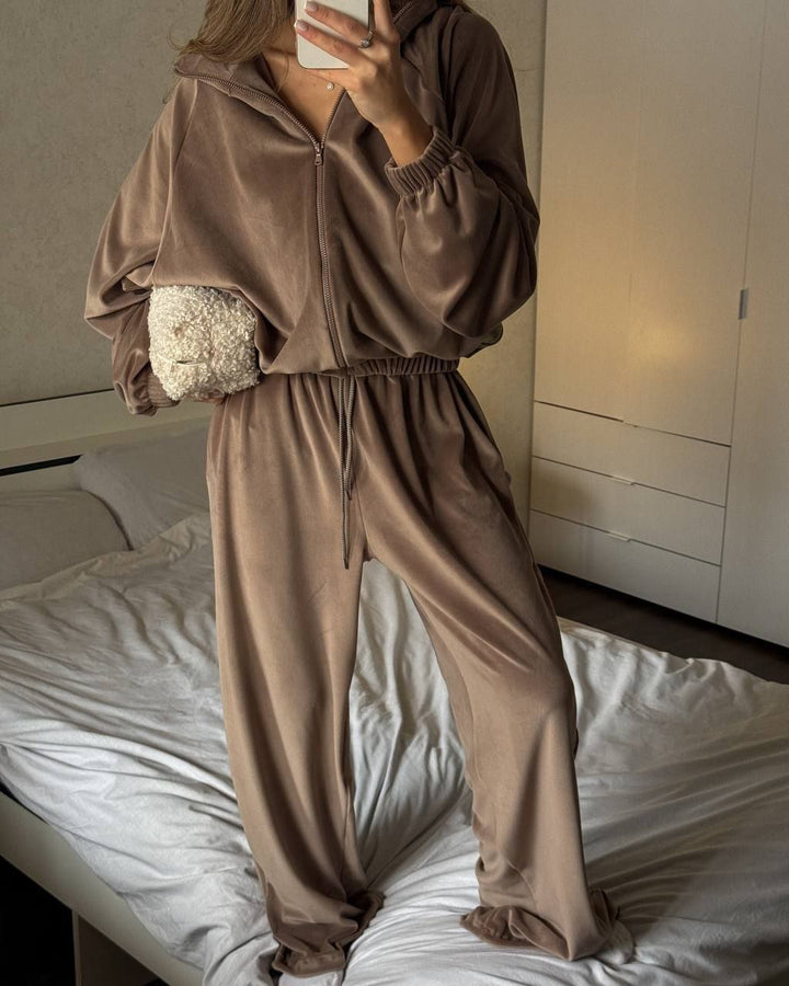 Dame Fleece Loungewear Set med Høy Krage og Elastisk Midje