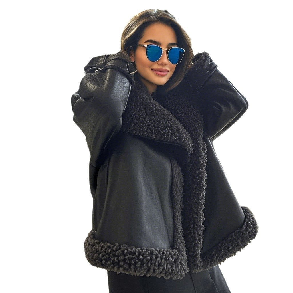 Kvinnes Elegant Faux Skinnjakke med Myk Teddy Fôr og Avslappet Snitt Skjora