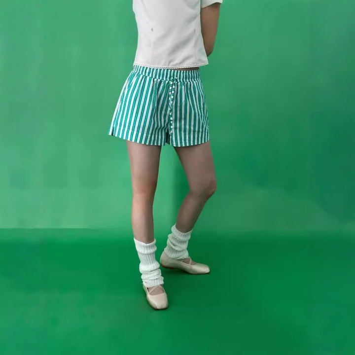 Dame komfortable fritids-shorts med fargerikt stripemønster og elastisk liv Skjora