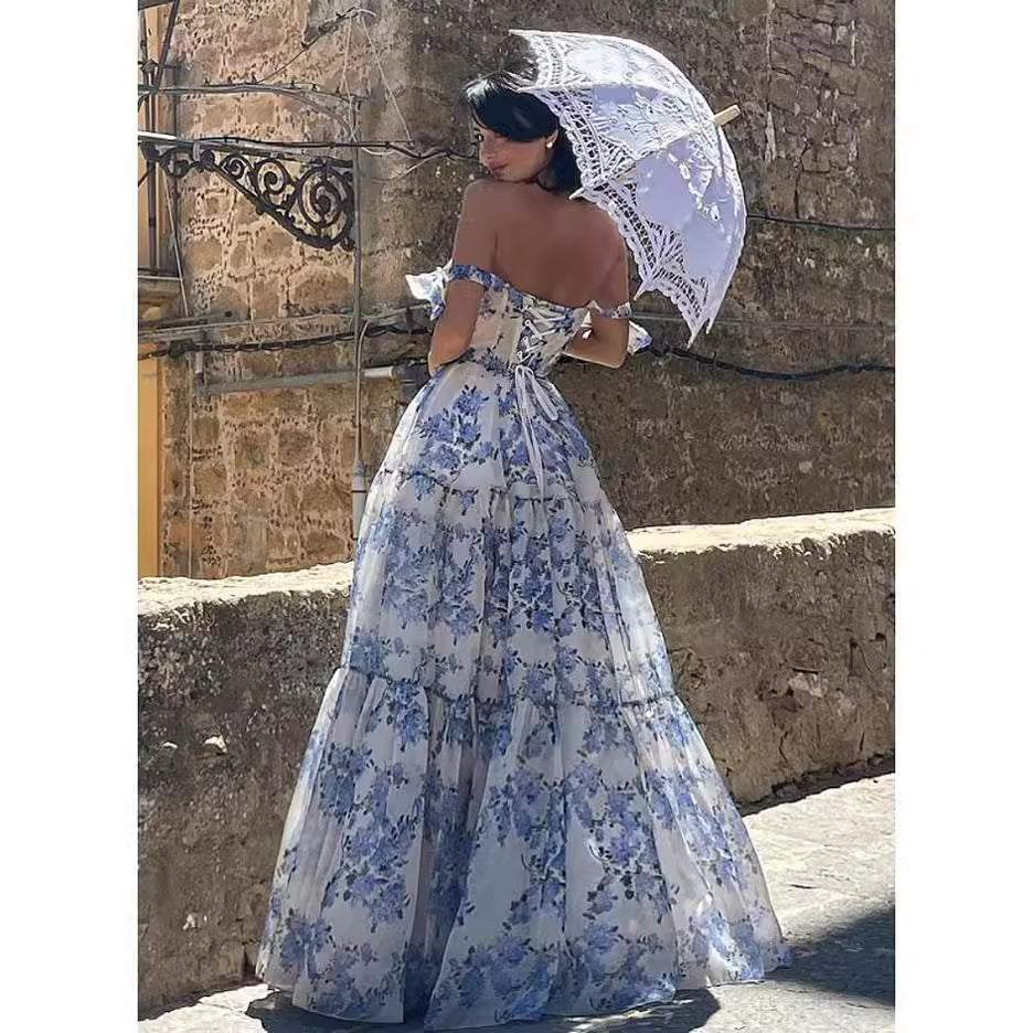 Damer Elegant Maxi Kjole med Blomster Chiffon og Utsvakt Skjørt Skjora