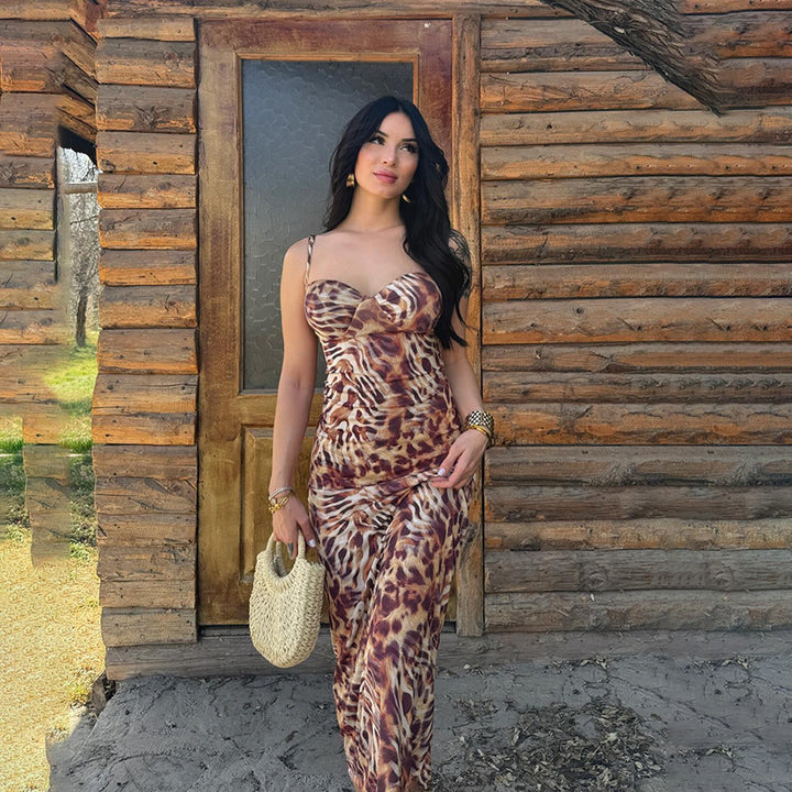 Dame Lang Leopardprint-Maxi-Kjole med stroppeløst design og tettsittende snitt Skjora