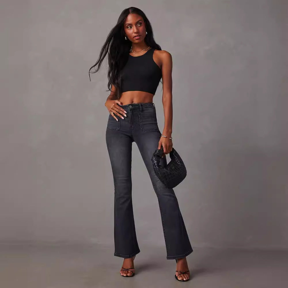 Kvinnelige Flared Jeans med Høy Midje og Teksturert Denim Skjora