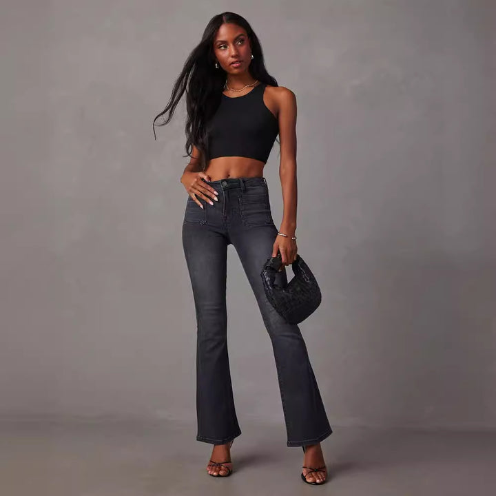 Kvinnelige Flared Jeans med Høy Midje og Teksturert Denim Skjora