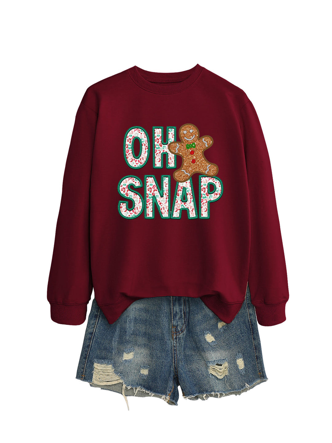 Dame sweatshirt med morsomt pepperkakemannmotiv og glitrende bokstaver Skjora
