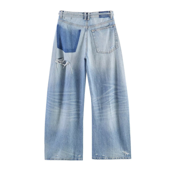 Dame brede jeans i destroyed-look med justerbar midje Skjora