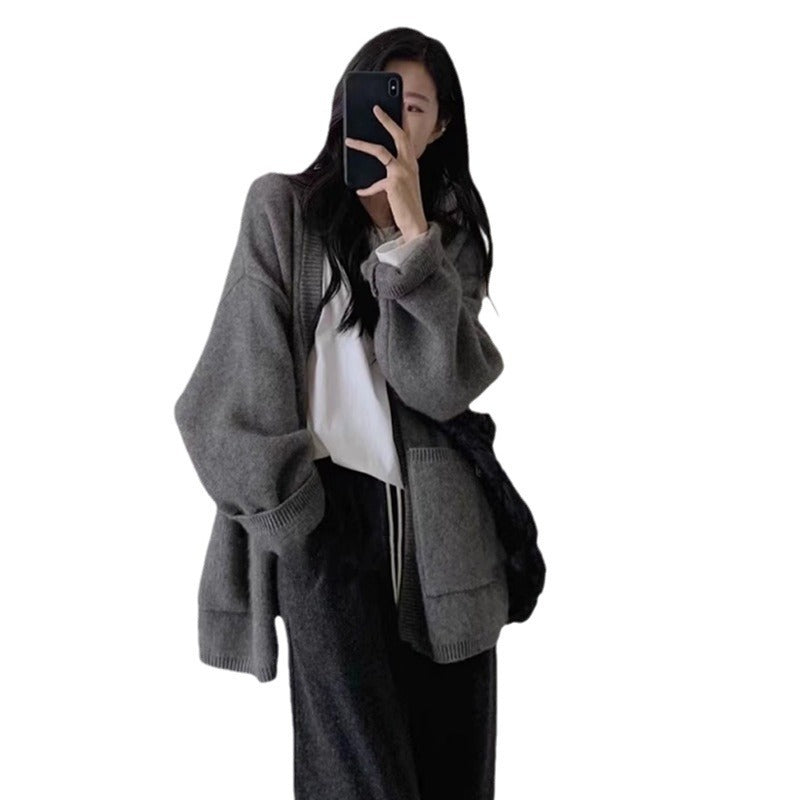 Damer Cozy Strikket Cardigan med Dyp V-Hals og Lommer