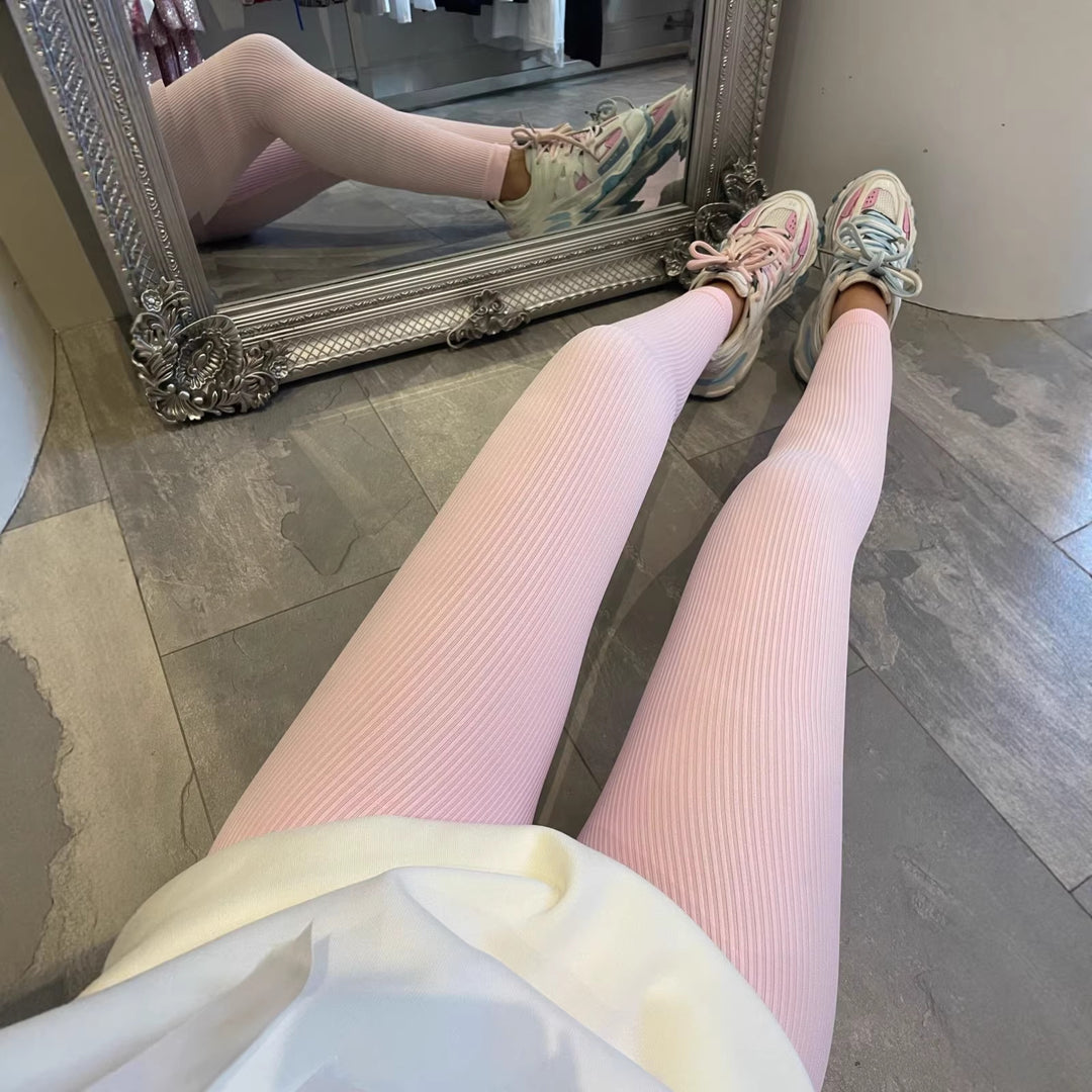 Damer Høy Kvalitet Ribbet Design Tights med Høy Talje Skjora