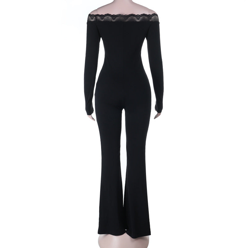 Damer elegant Off-Shoulder jumpsuit med blonder detaljer og utsvingt ben Skjora