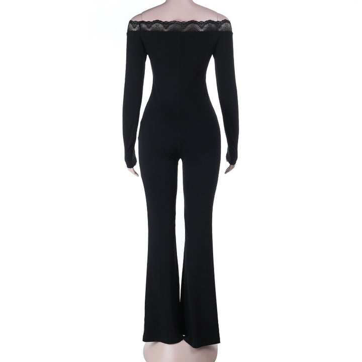 Damer elegant Off-Shoulder jumpsuit med blonder detaljer og utsvingt ben Skjora