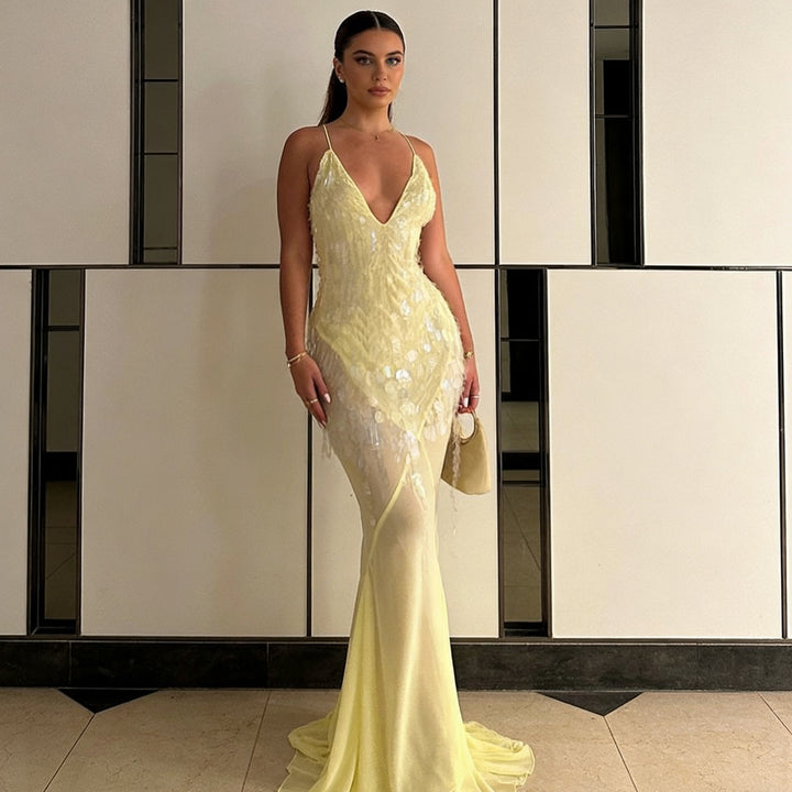Women's Elegant Evening Dress with Sparkling Details and Asymmetrical Skirt