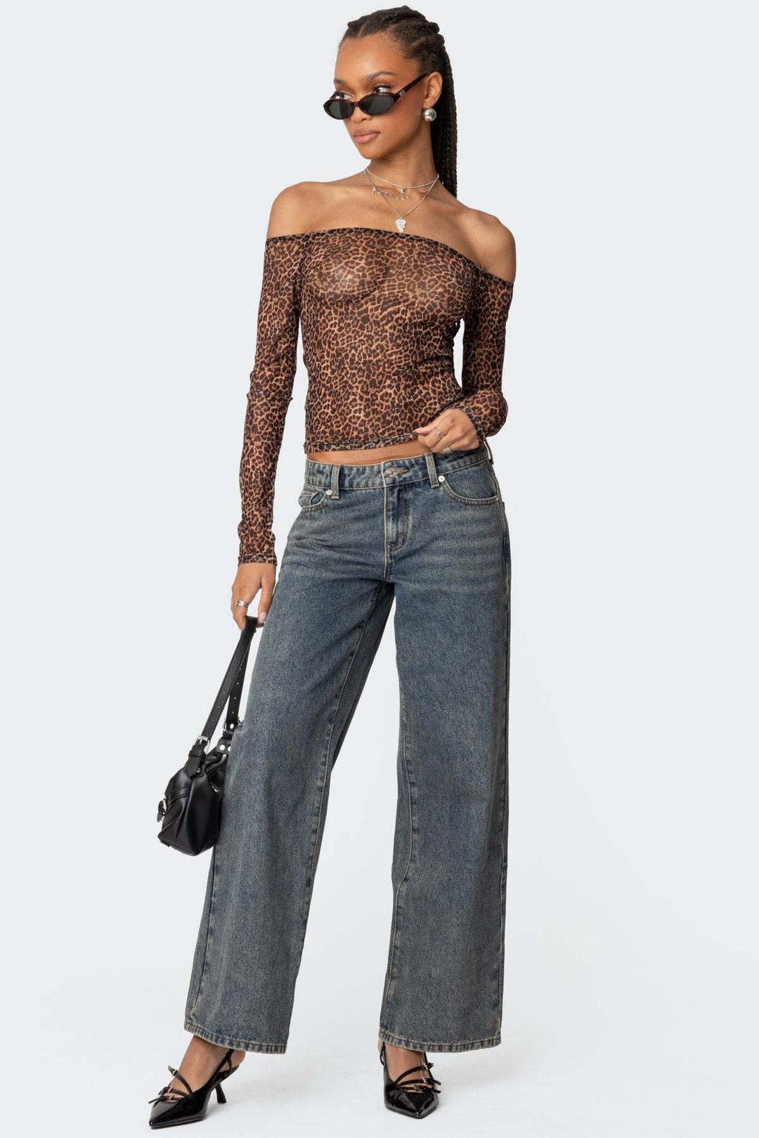 Dame Off-Shoulder Langarmshirt med leopardmønster Skjora