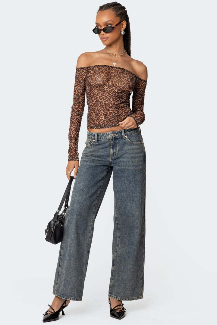 Dame Off-Shoulder Langarmshirt med leopardmønster Skjora