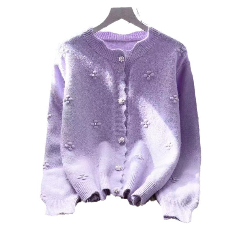 Kvinnenes koselige cardigan med blomsterapplikasjoner Skjora