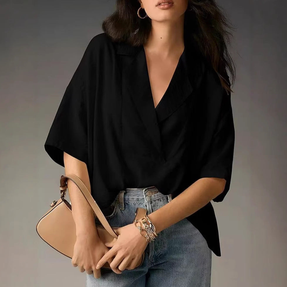 Damer løse oversized bluse med elegant krage og V-hals Skjora