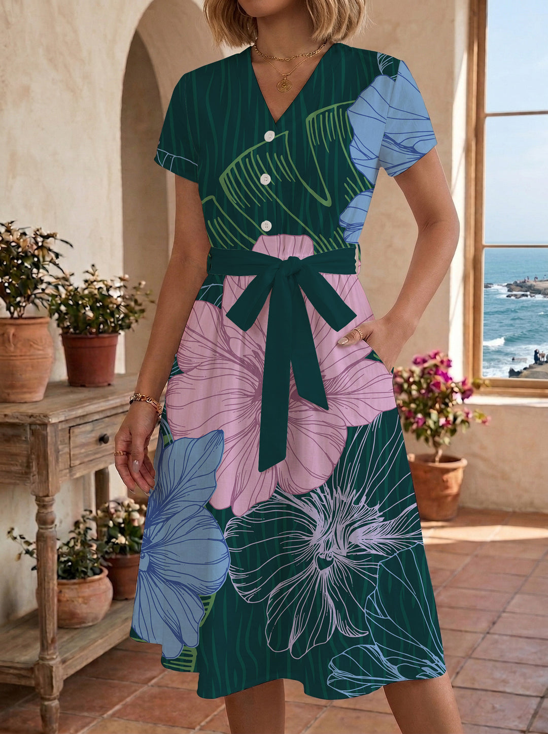 Damen Midikleid mit floralem Muster und Taillengürtel Skjora