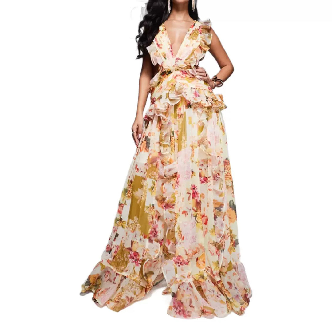 Damer Elegant Maxi Kjole med Blomster Volanger og Dyp V-hals