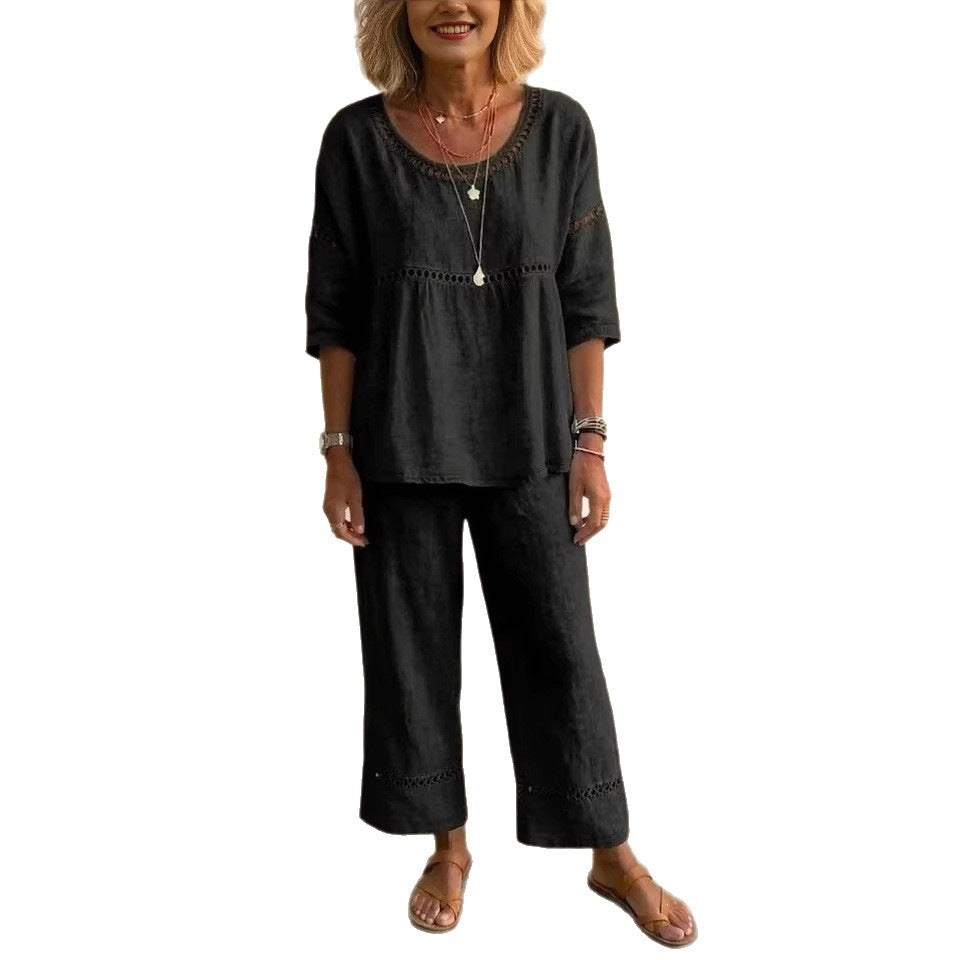 Kvinnenes komplette lin loungewear-drakt med luftig passform og blonder detaljer Skjora
