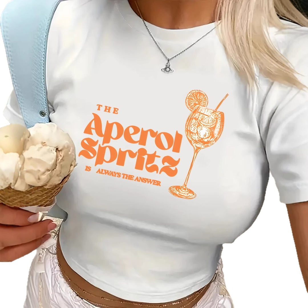 Dame Crop-T-skjorte med kreativ cocktail-design Skjora