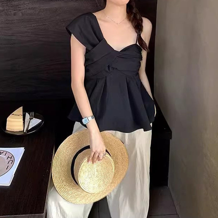 Dame Off-Shoulder Bluse med Motetrend Drapering og Knute Detalj