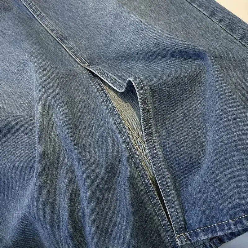 Kvinne Stilig Denim Midi Skjørt med Frontsplitt Skjora
