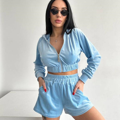 Dame Sporty Fleece Loungewear Sett med Kort Topp og Elastisk Liv Skjora