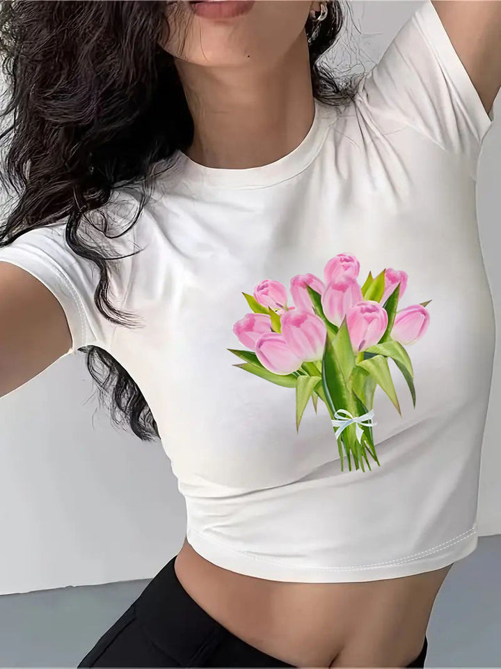 Dame Crop-T-skjorte med kreativ cocktail-design Skjora