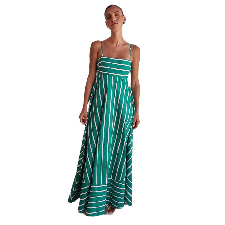Kvinne Lange Ermer Maxi Kjole med Elegant Stripemønster og Flytende Snitt