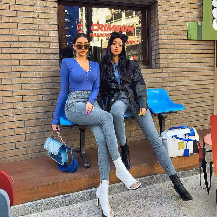 Dame Skinny Jeans med høyt liv og skulpturerende effekt Skjora