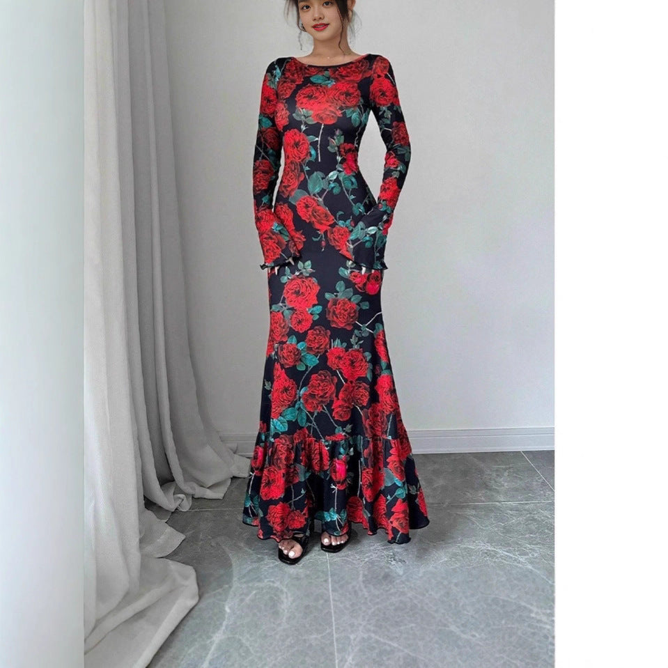 Kvinnene Elegant Maxi Kjole med Blomster Rysjedetaljer og Lange Ermer Skjora