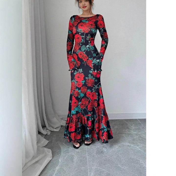 Kvinnene Elegant Maxi Kjole med Blomster Rysjedetaljer og Lange Ermer Skjora