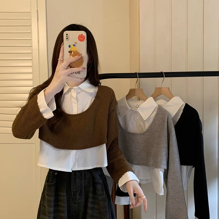 Kvinne Cropped Strikkegenser med Integrert Skjorte