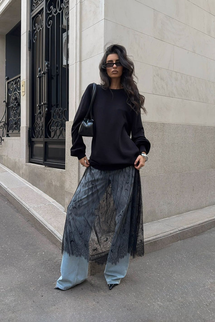 Kvinnes Casual Oversized Genser med Elegante Volanger og Motetransparent Skjora