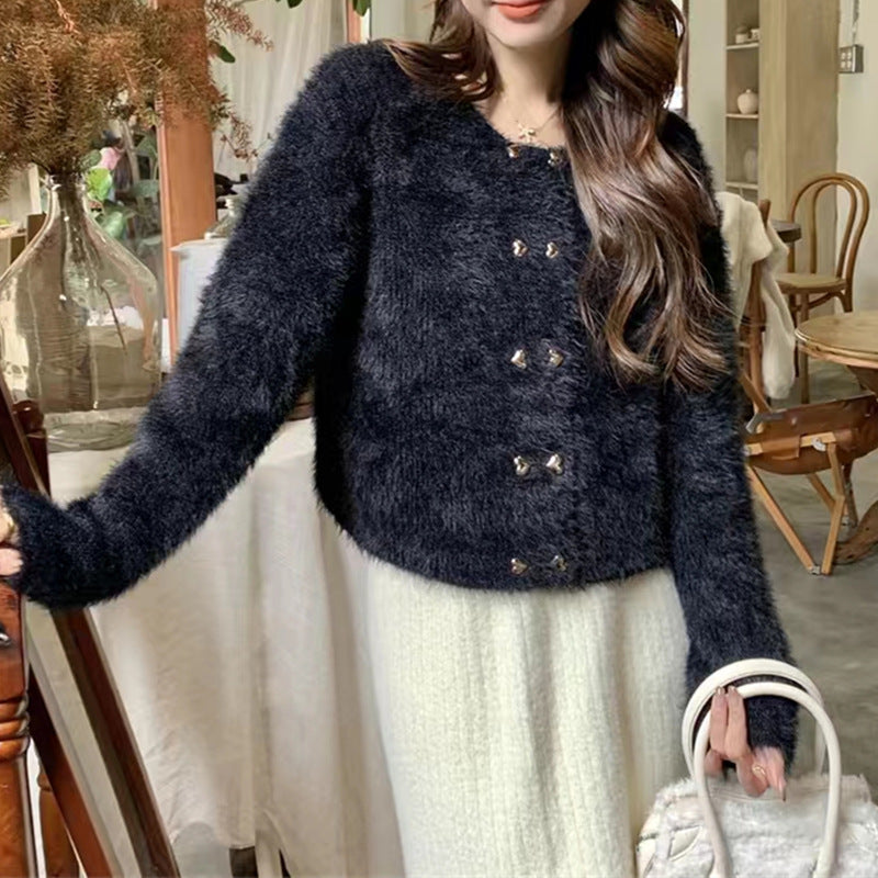 Women's Fluffy Cardigan with Golden Button Details Skjora