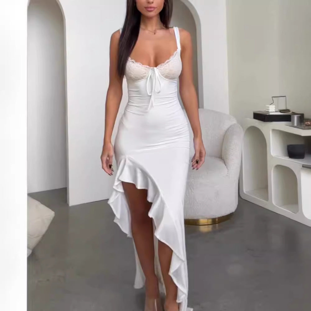 Dame Elegante Maxi Kjole med Blonder Korsett og Asymmetrisk Hem Skjora