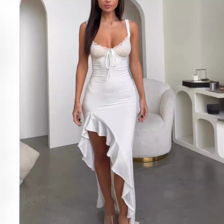 Dame Elegante Maxi Kjole med Blonder Korsett og Asymmetrisk Hem Skjora