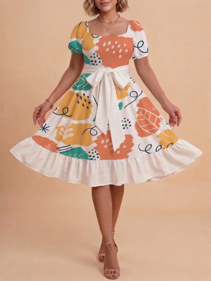Damen Sommerkleid mit floralem Puffärmel und taillierbarem Gürtel Skjora
