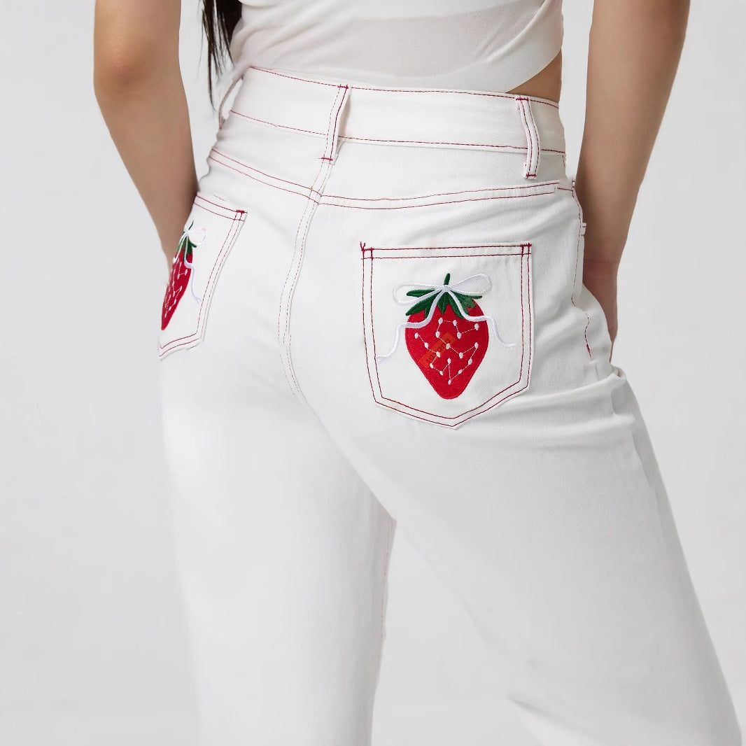 Kvinnelige elegante jeans med fruktig broderi Skjora